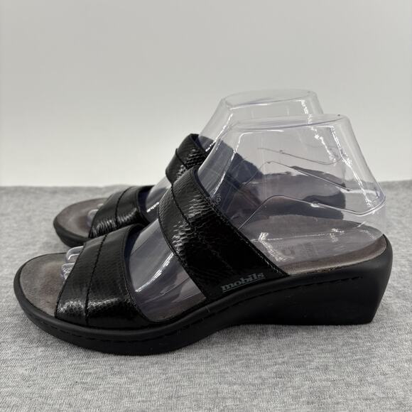 Mephisto Mobils Sandal 38/7.5-8 Air Relax Slip On Wedge Slide Black Leather - Picture 2 of 12